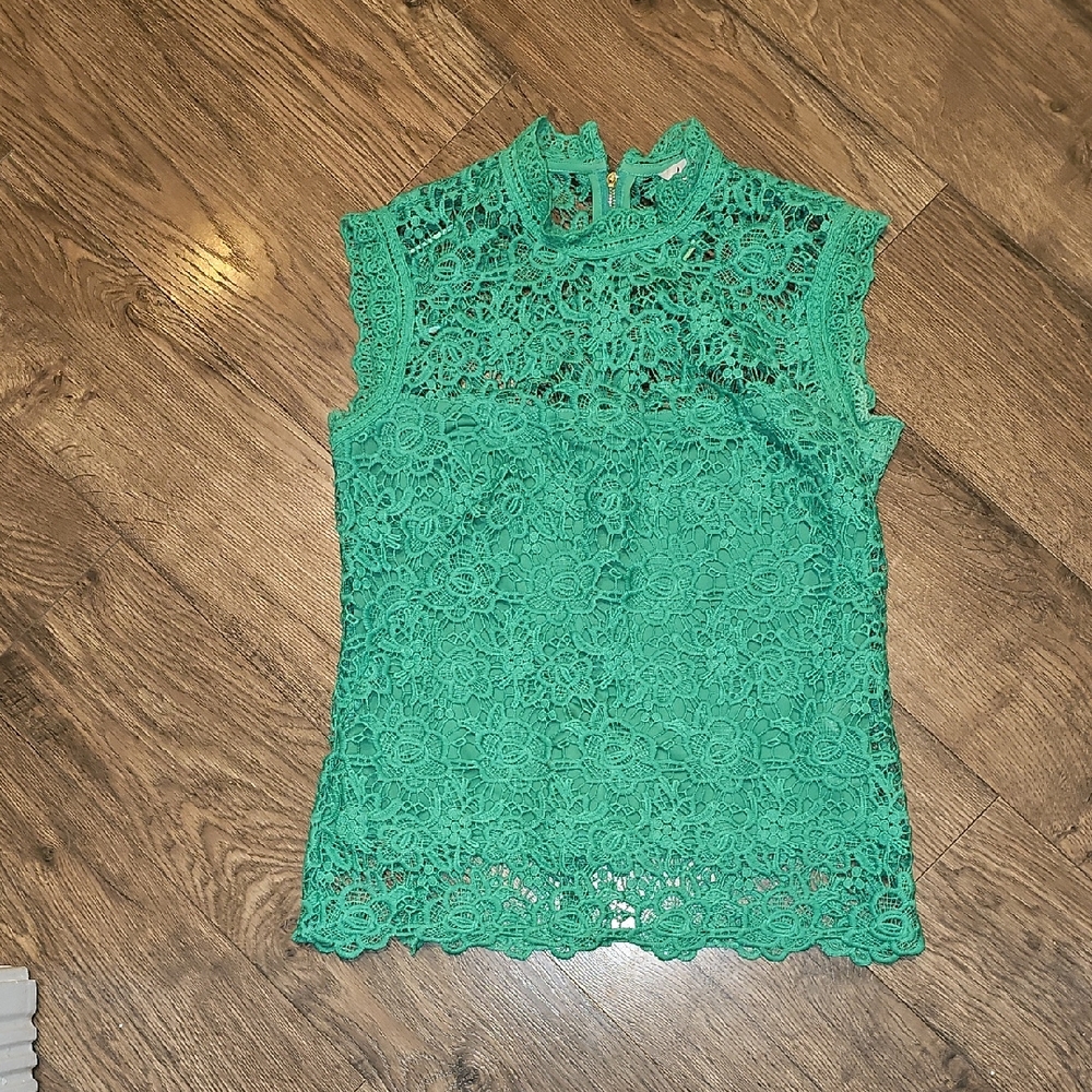 Nanette Lepore Teal Green Lace Sleeveless Blouse Small Crochet Floral Scalloped